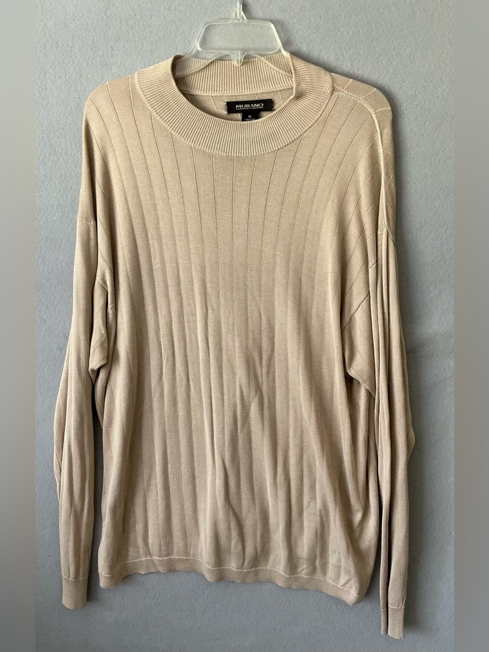 Murano 100% Silk Sweater Mens XL Beige Crewneck Ribbed Knit Quiet Luxury Minimal